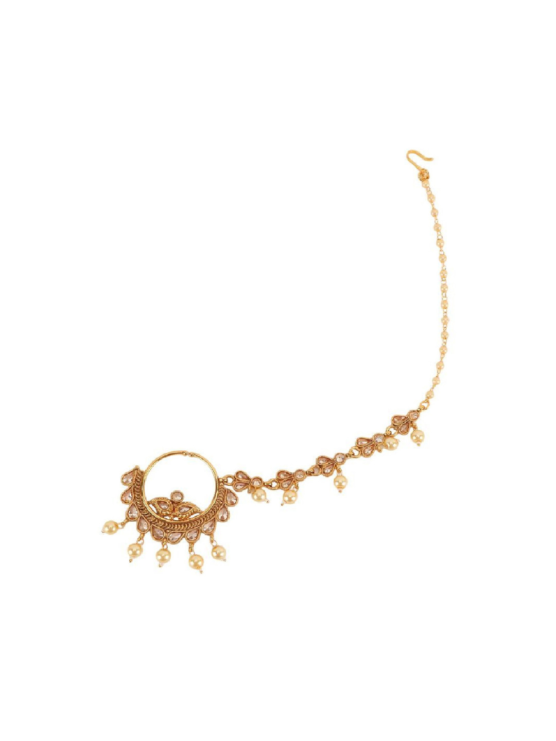 

ANIKAS CREATION Gold-Plated Kundan Stone Studded Traditional Bridal Nose Ring With Beaded Chain