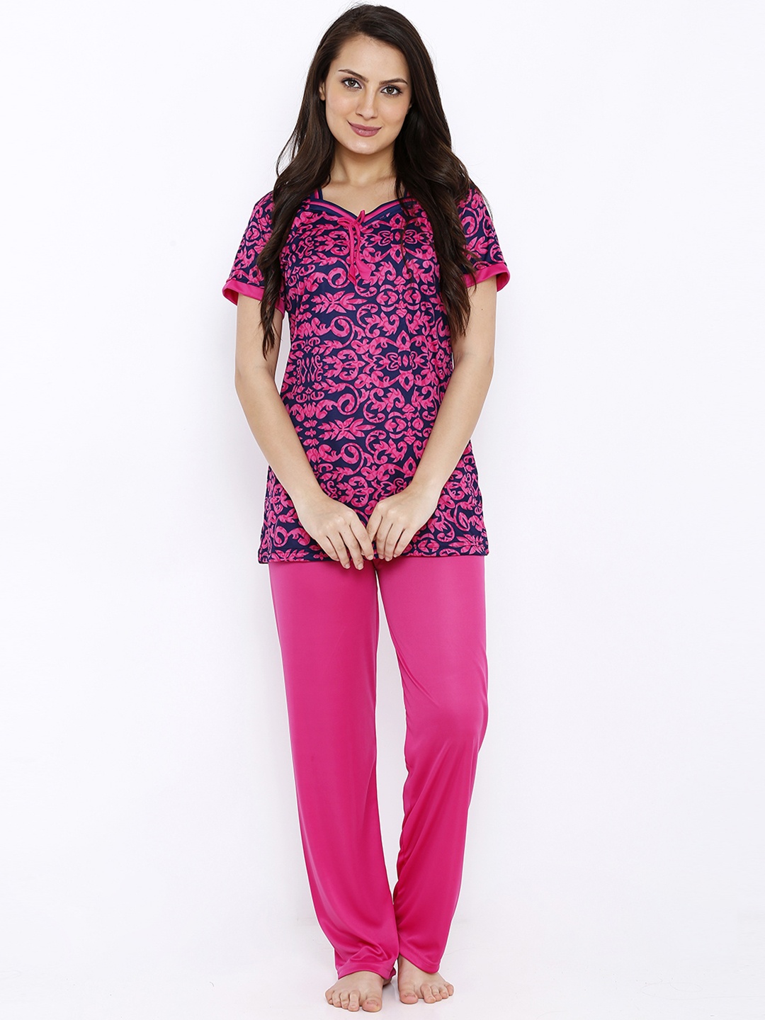 

Pretty Awesome Women Pink & Navy Blue Printed Night suit PTAL562
