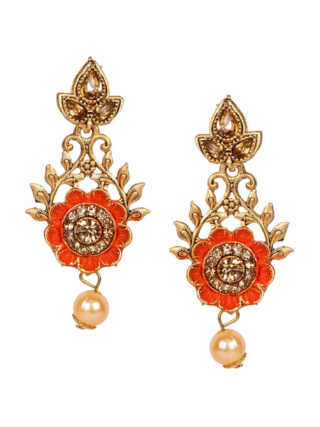 

ANIKAS CREATION Orange & Gold-Plated Floral Drop Earrings
