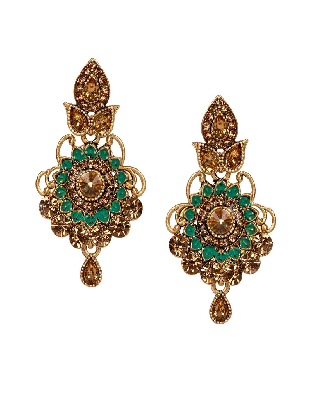 

ANIKAS CREATION Green & Gold-Plated Floral Drop Earrings