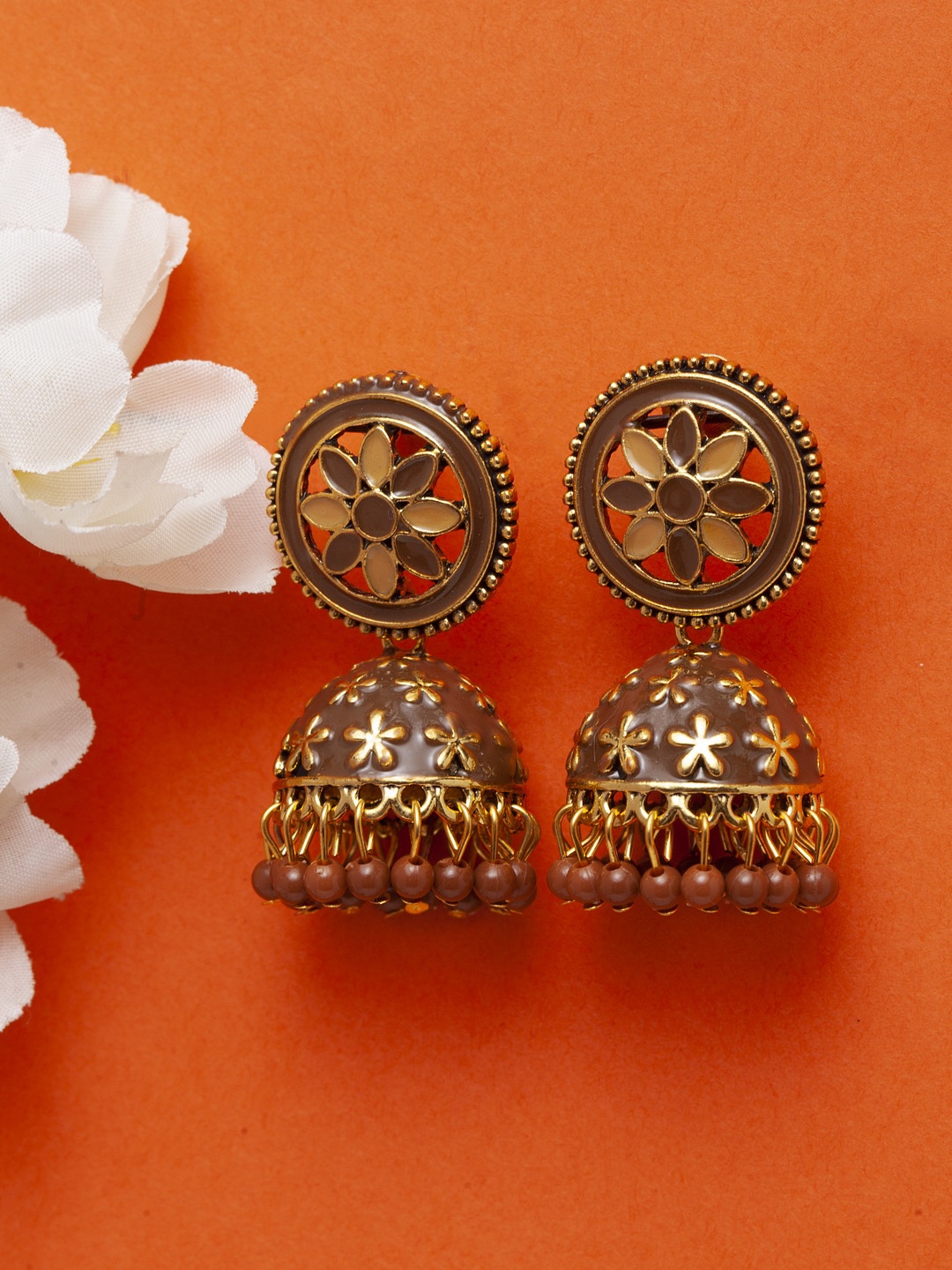 

Moedbuille Bras-Plated Brown & Gold-Toned Handcrafted Meenakari Dome Shaped Jhumkas