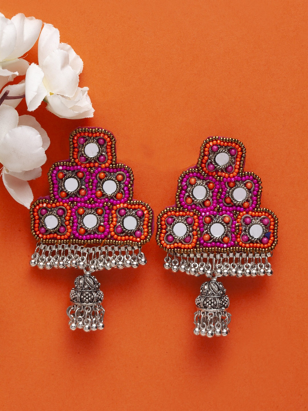 

Moedbuille Pink & Orange Geometric Afghan Oxidised Drop Earrings