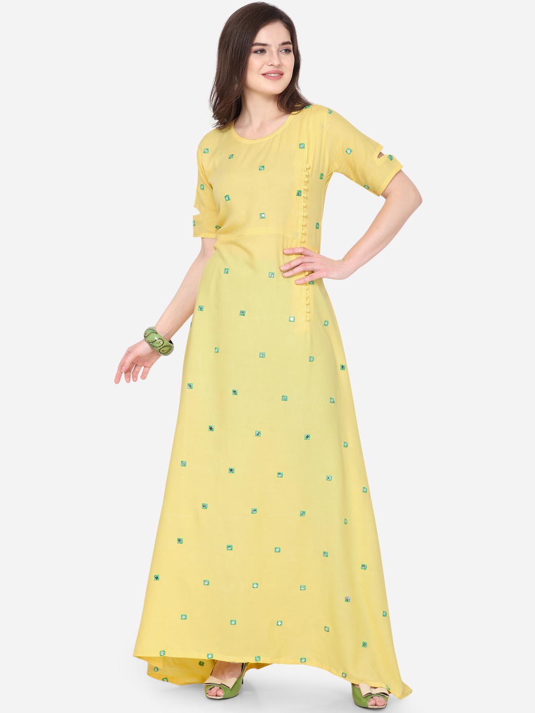 

Florence Women Yellow Embroidered Asymmetric A-Line Kurta