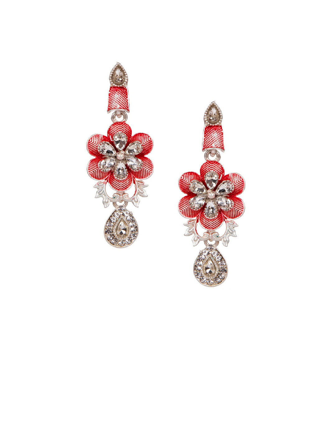 

ANIKAS CREATION Red & Silver-Plated Enamelled Classic Drop Earrings