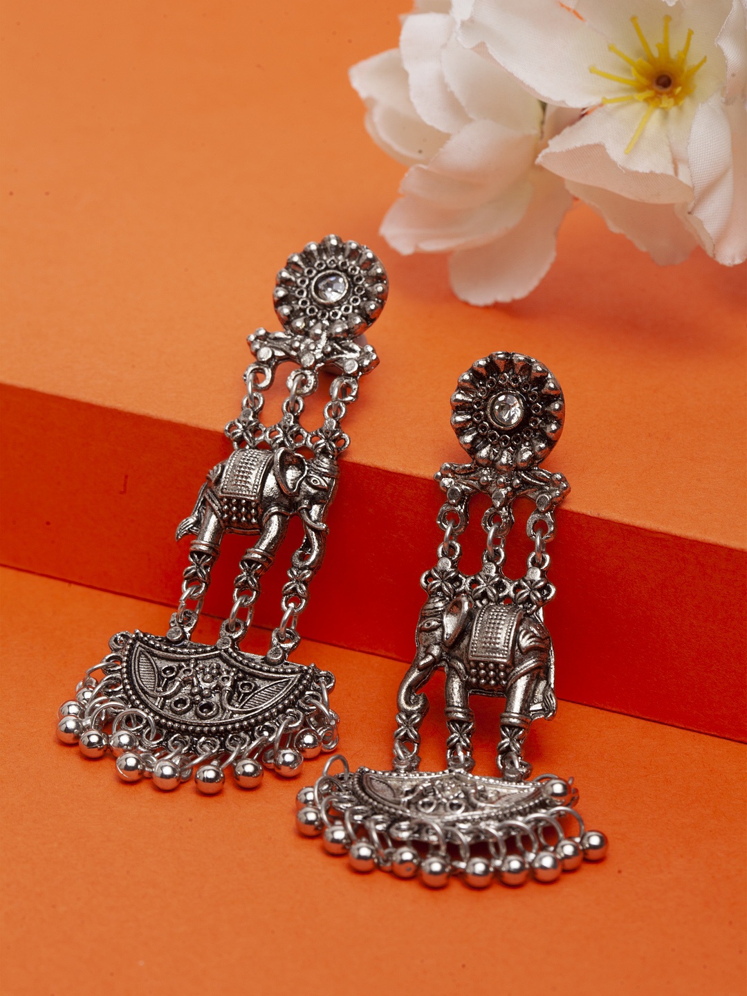 

Moedbuille Brass-Plated Silver-Toned Handcrafted Oxidised Classic Drop Earrings
