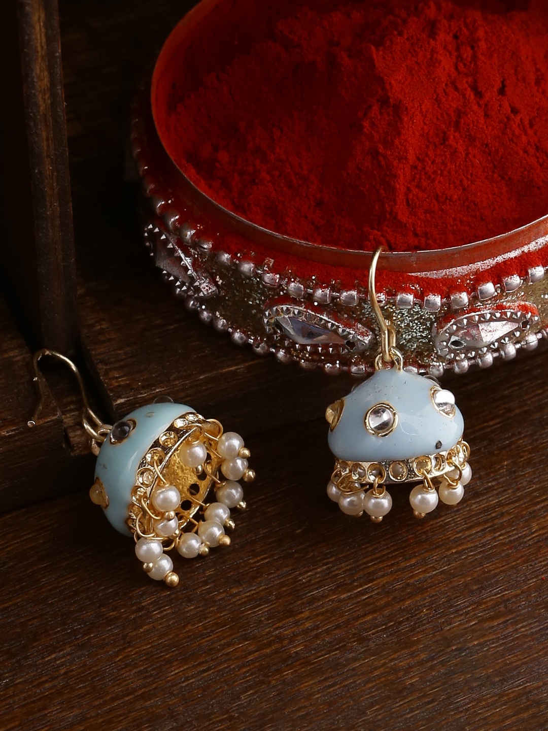

Shoshaa Blue & Gold-Plated Dome Shaped Jhumkas