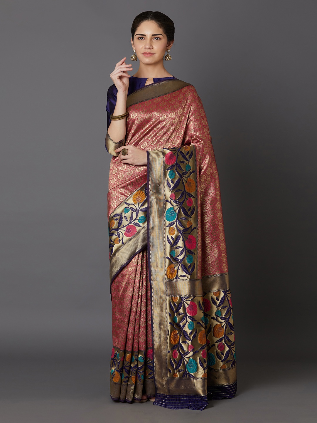 

Mitera Orange & Gold-Coloured Silk Blend Woven Design Kanjeevaram Saree