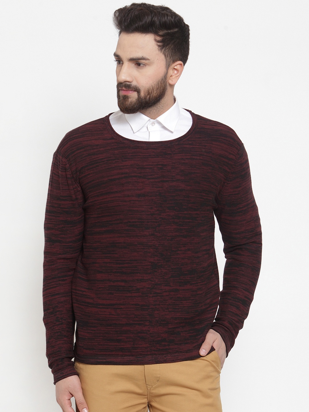 

ARMISTO Men Maroon & Black Self Design Pullover Sweater