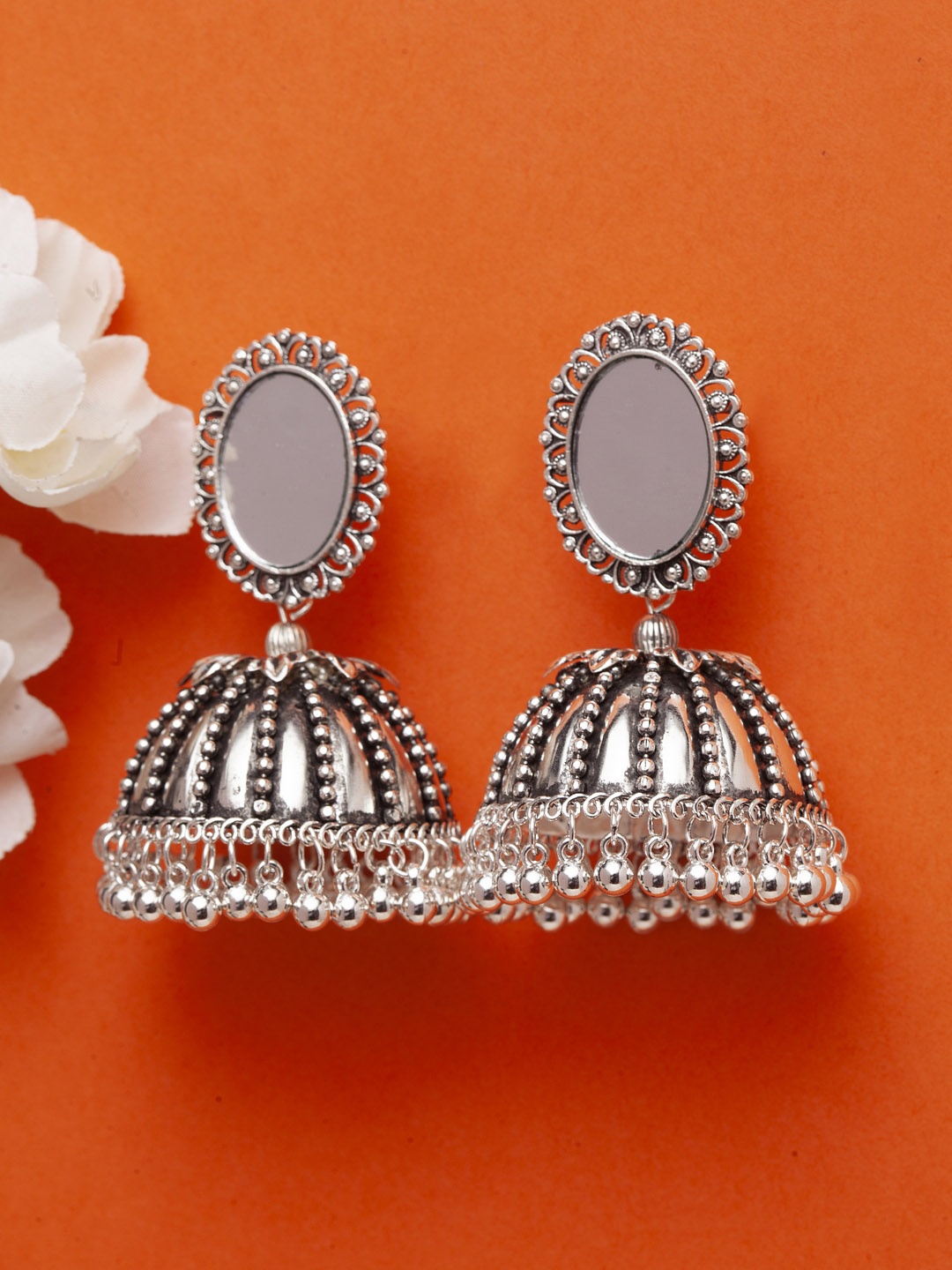 

Moedbuille Silver-Toned Handcrafted Dome Shaped Jhumkas