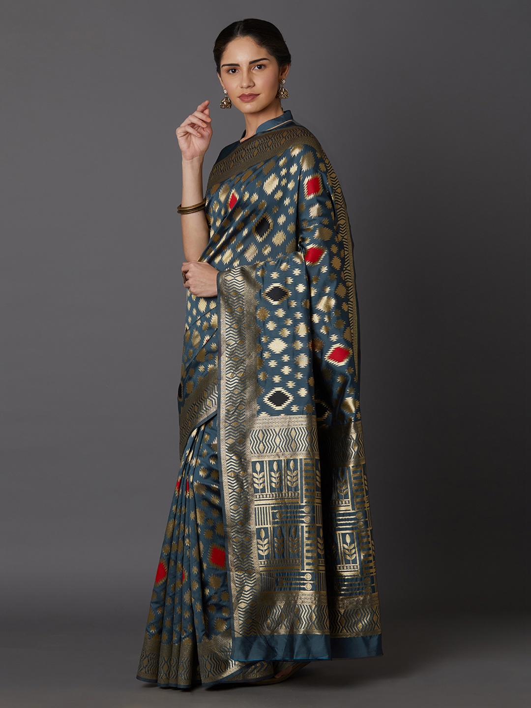 Mitera Grey Silk Blend Woven Design Kanjeevaram Saree