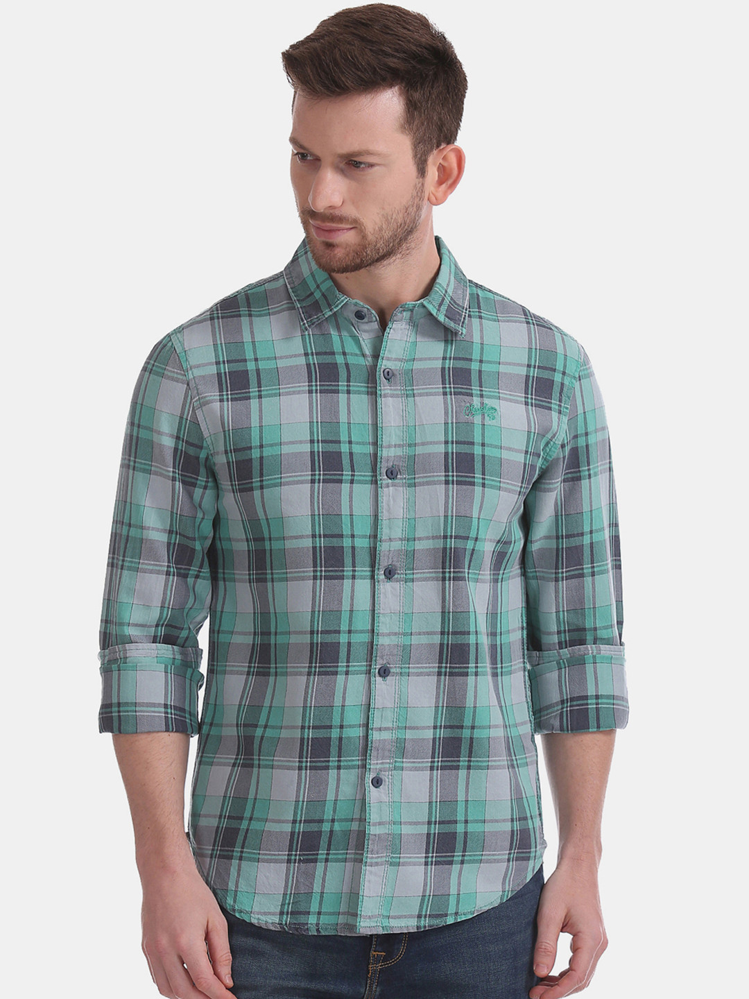 

Cherokee Men Green & Grey Regular Fit Checked Casual Shirt