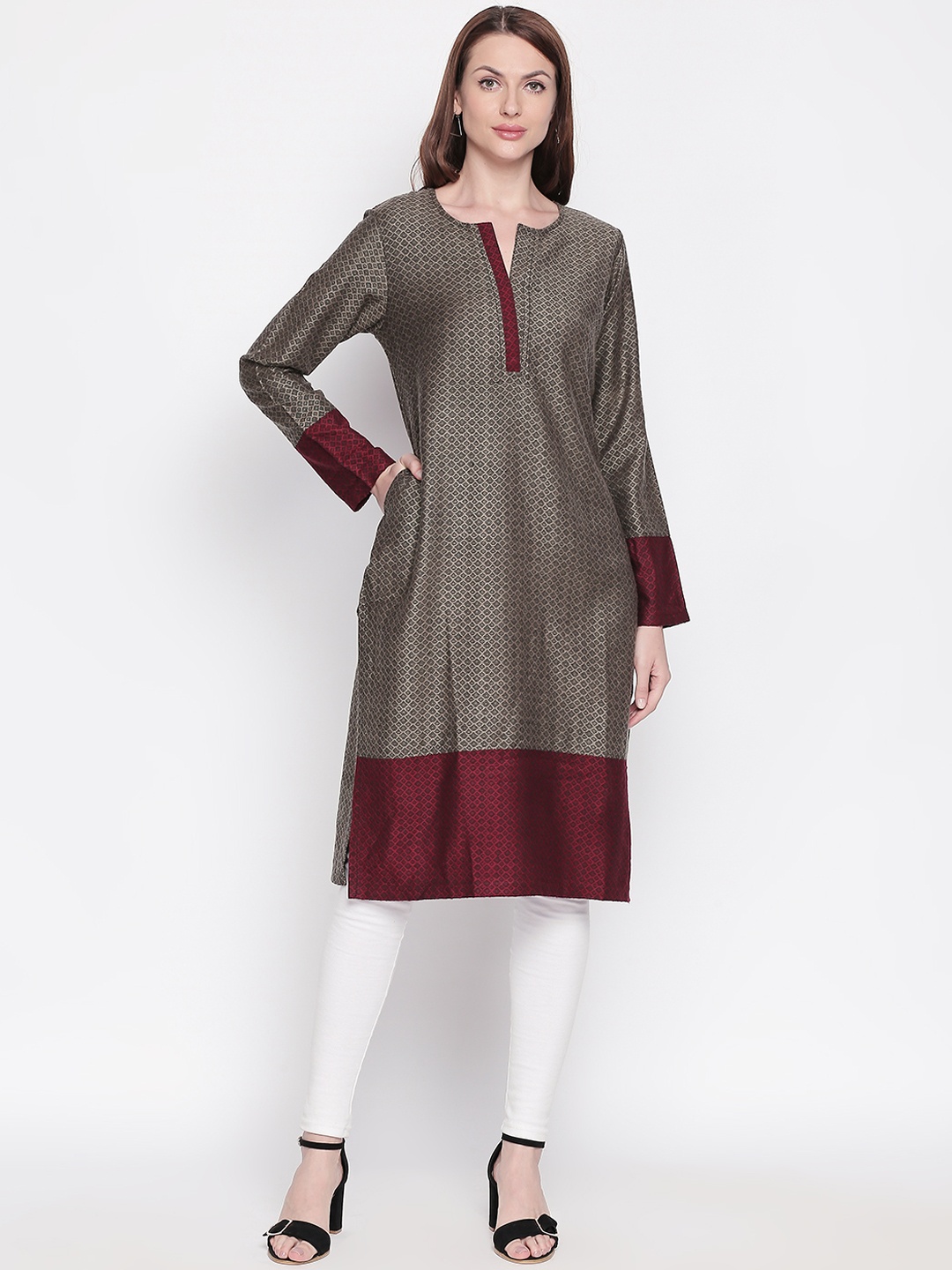 

RANGMANCH BY PANTALOONS Women Grey & Maroon Woven Design Straight Kurta