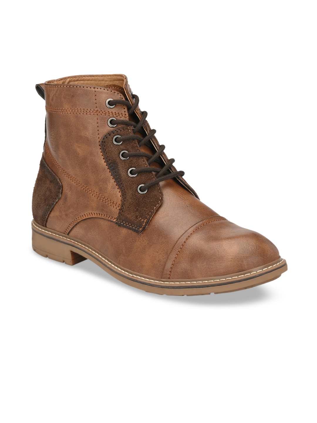 SHENCES Men Tan Brown Solid Synthetic Leather Mid-Top Flat Boots