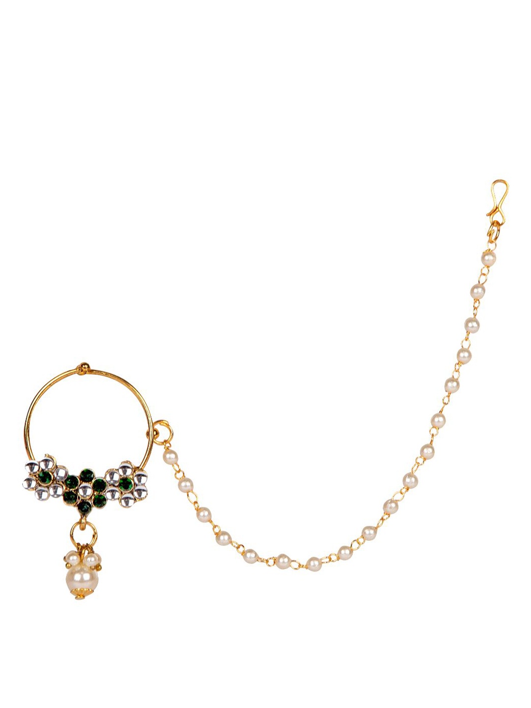 

ANIKAS CREATION Gold-Plated Green & Off White Stone Embellished Traditional Bridal Nose Ring With Beaded Chain