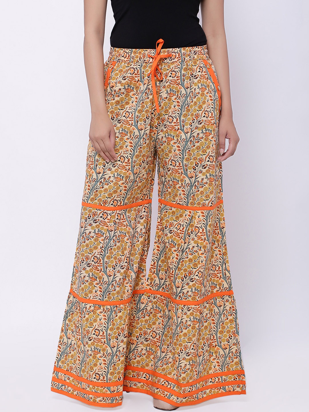 

SOUNDARYA Women Beige & Orange Printed Flared Palazzos