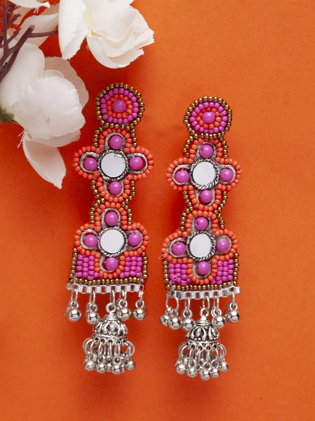 

Moedbuille Brass-Plated Silver-Toned & Pink Contemporary Drop Earrings