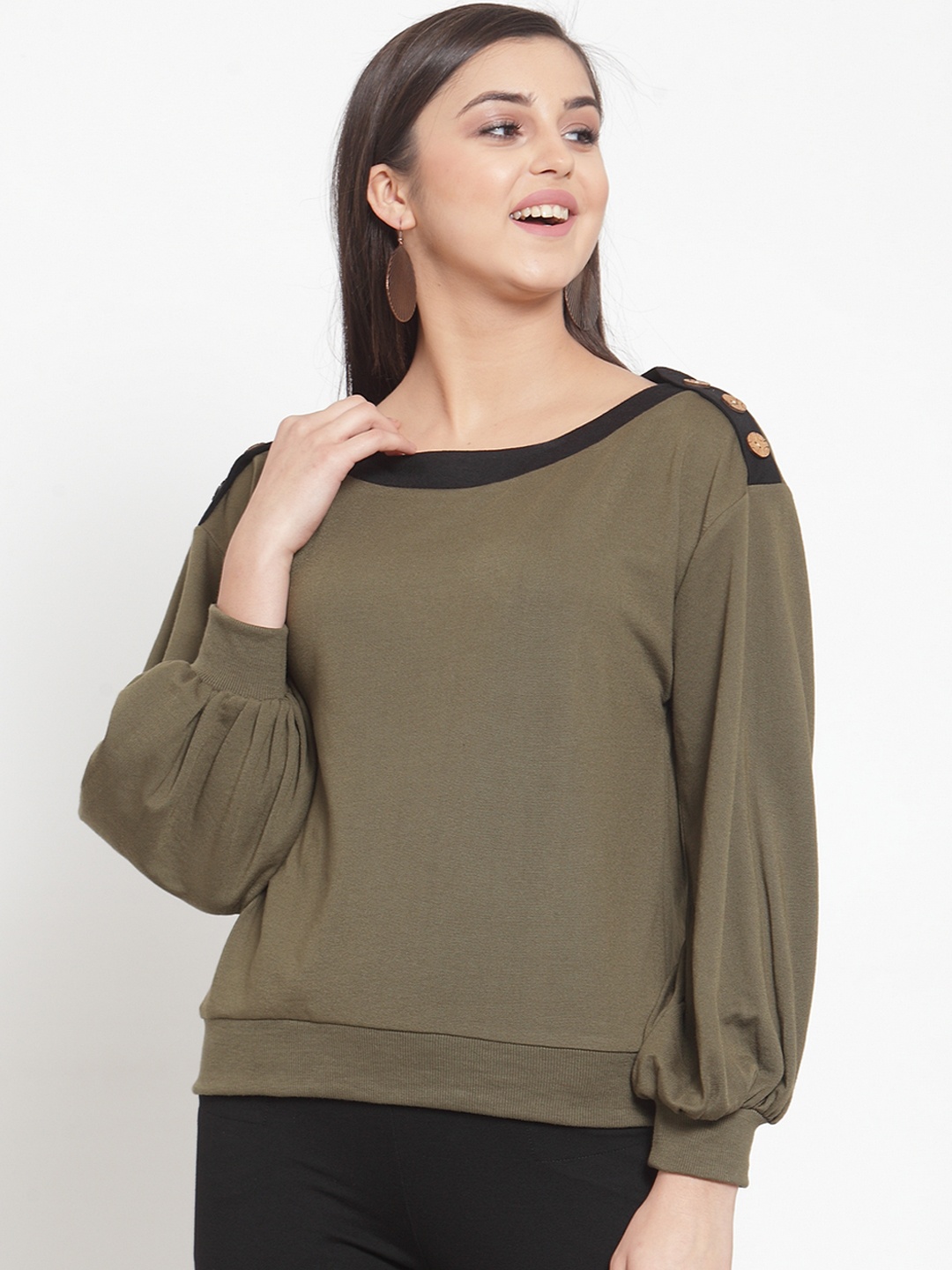 

KASSUALLY Women Olive Green Solid Sweatshirt