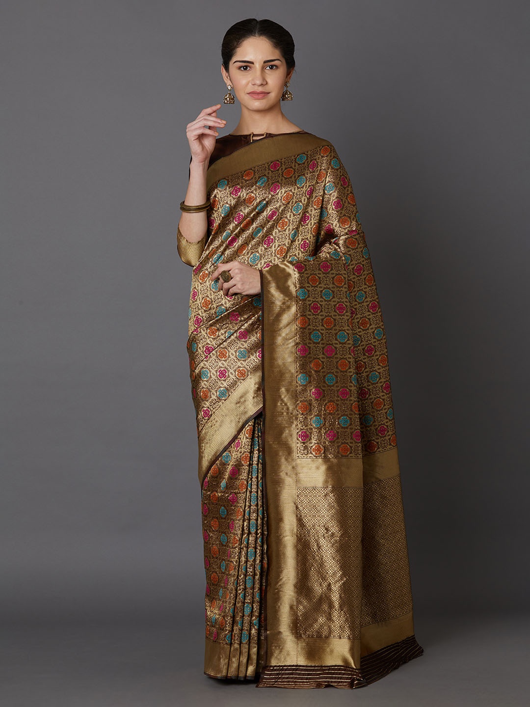 Mitera Grey & Gold-Coloured Silk Blend Woven Design Kanjeevaram Saree