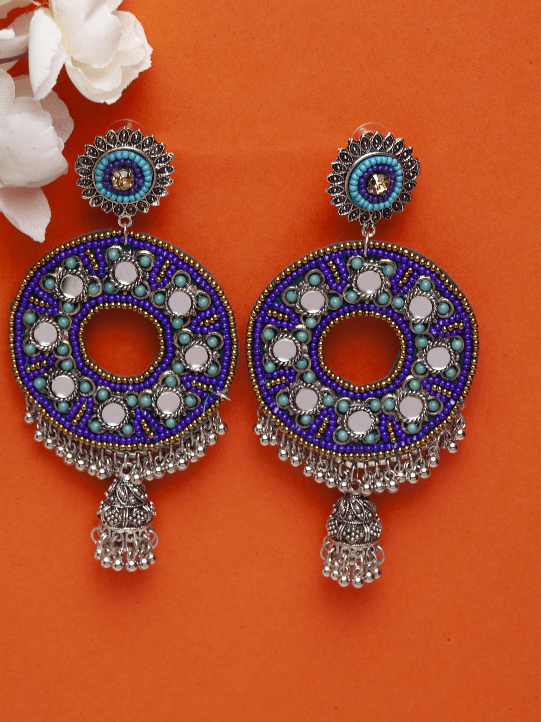 

Moedbuille Brass-Plated Silver-Toned & Blue Circular Drop Earrings