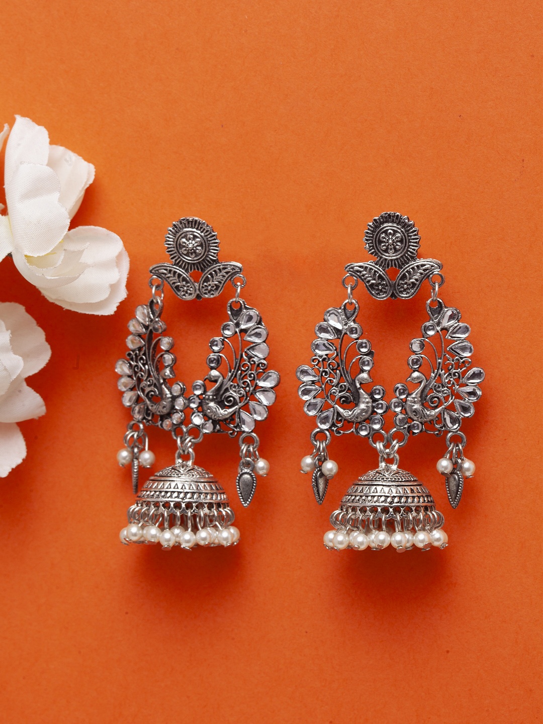 

Moedbuille Silver-Toned Peacock Shaped Jhumkas
