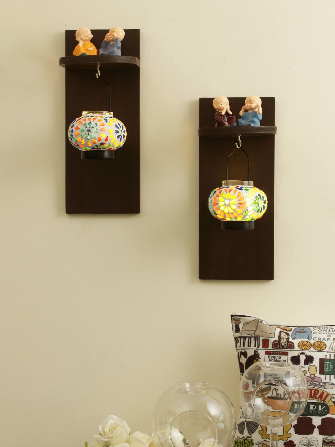 

TIED RIBBONS Set of 2 Brown & Blue Wall Shelf With Candle Holder & Buddha Monks