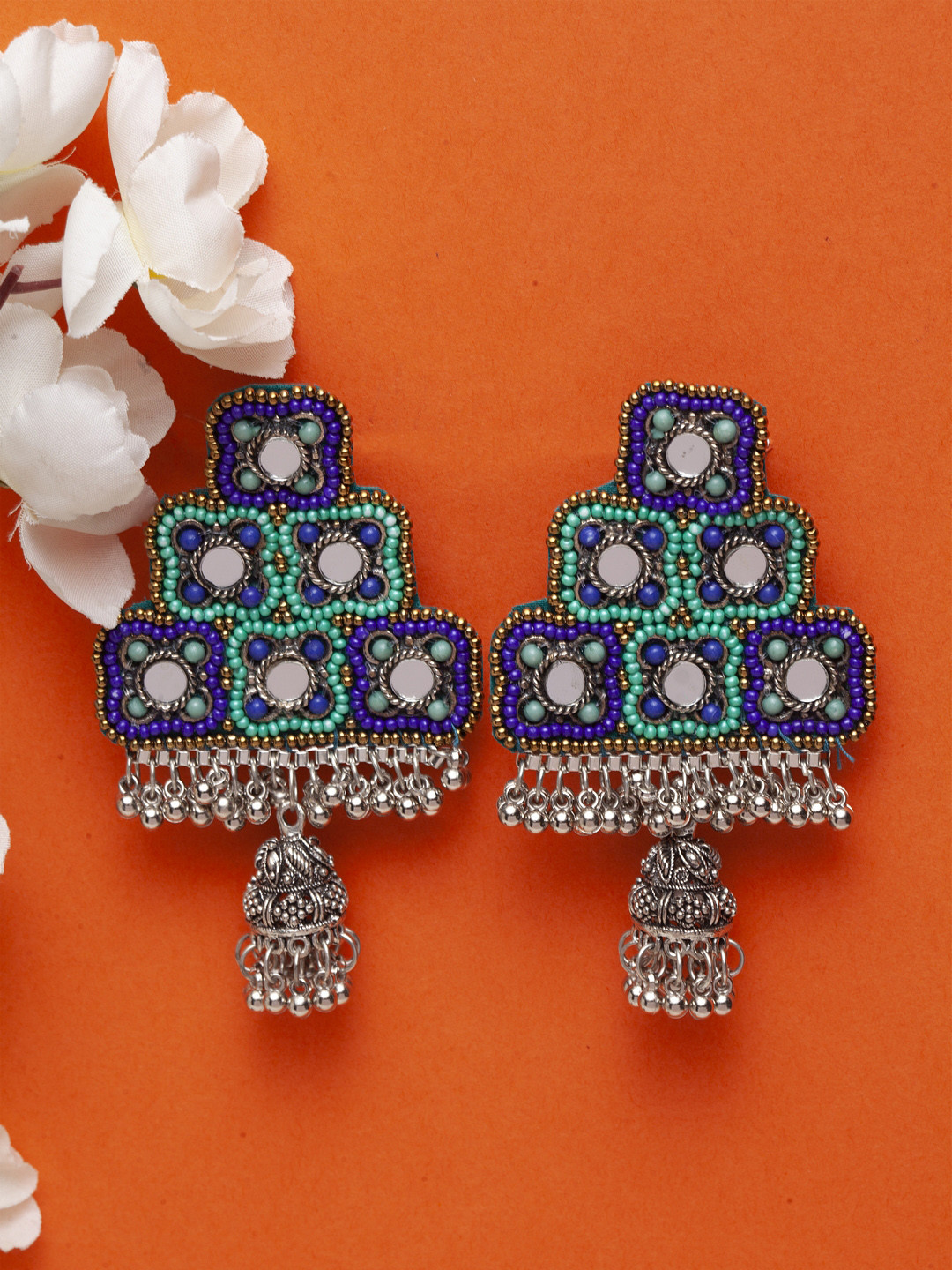 

Moedbuille Blue & Silver-Toned Geometric Handcrafted Afghan Drop Earrings