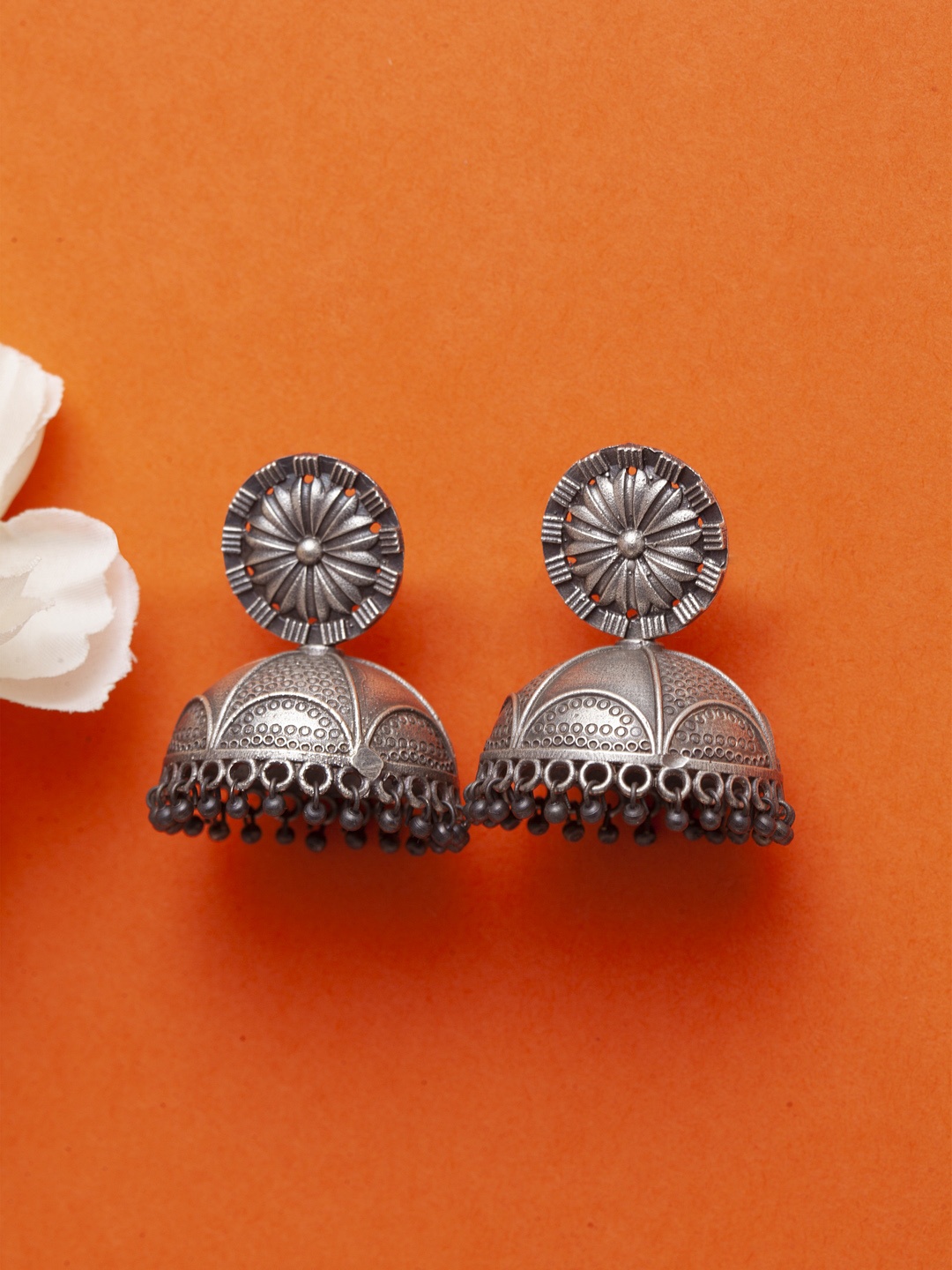 

Moedbuille Gunmetal-Toned & Silver-Plated Handcrafted Dome Shaped Jhumkas, Metallic