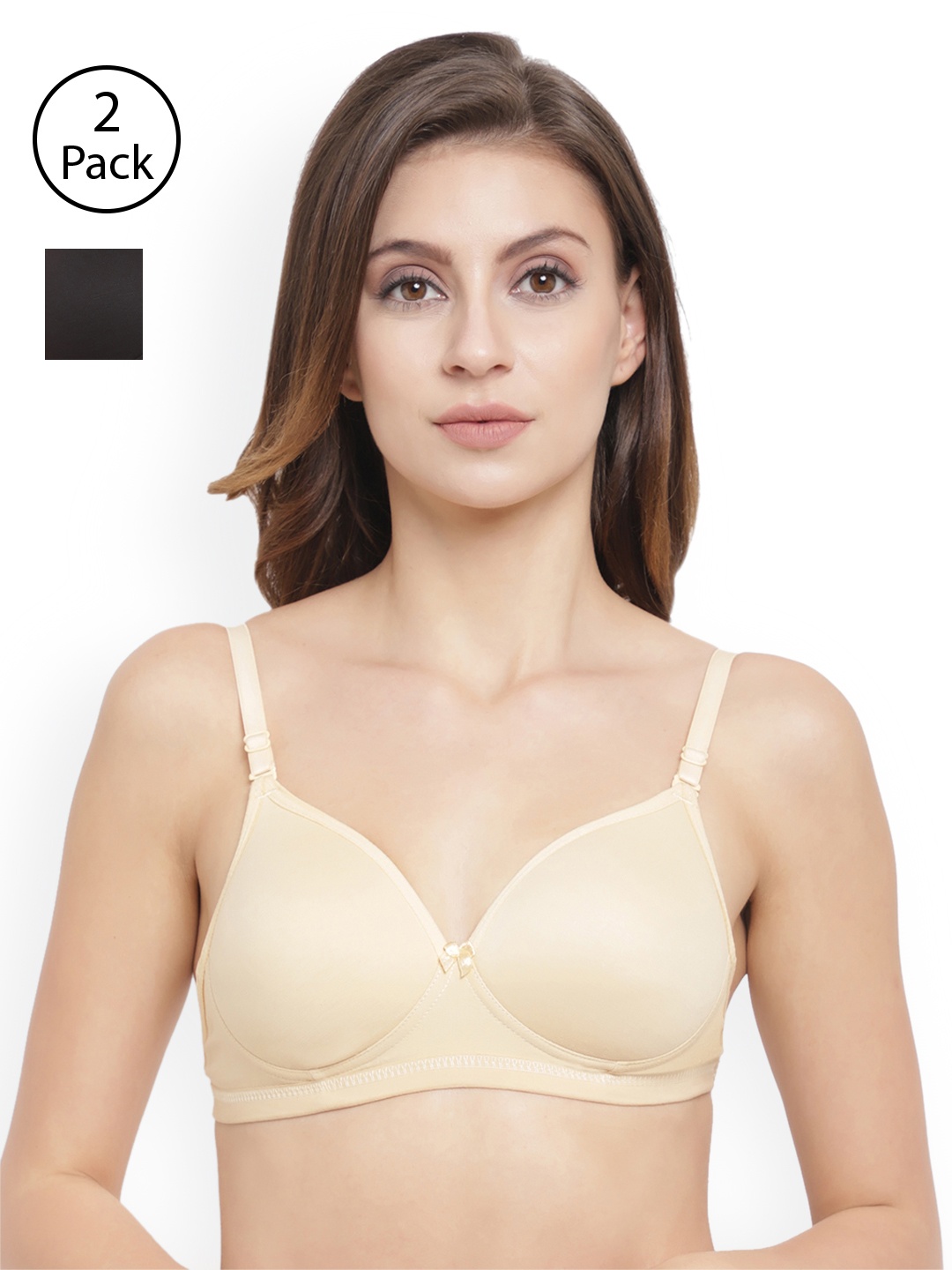 

Floret Pack Of 2 Black & Beige Solid Non-Wired Lightly Padded T-shirt Bra