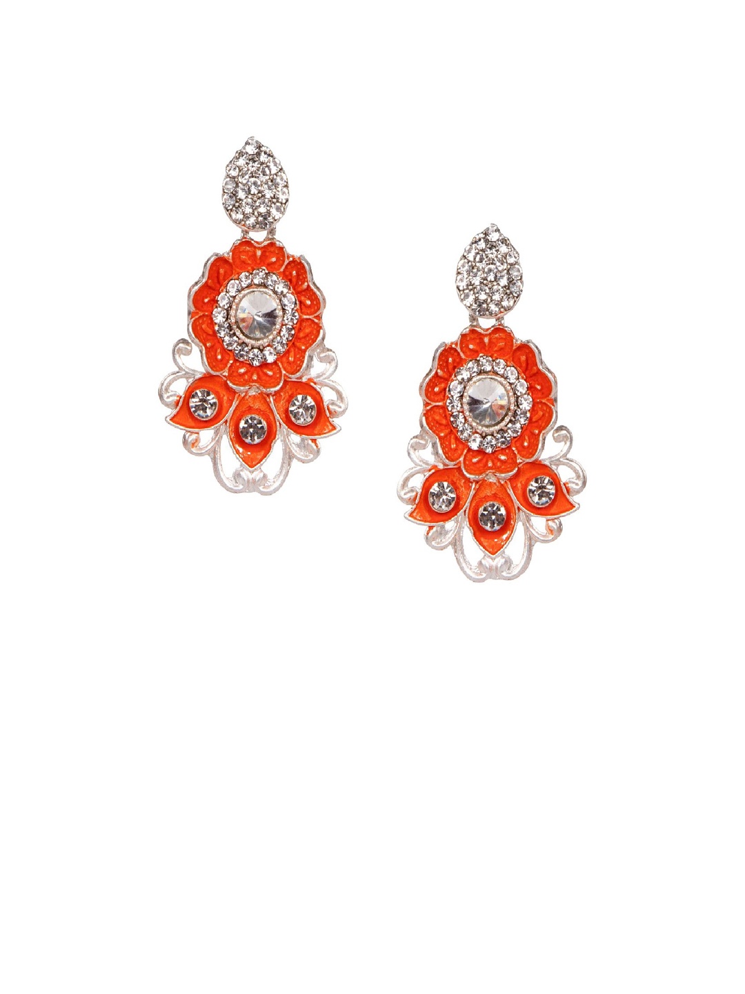 

ANIKAS CREATION Orange & Silver-Plated Handcrafted Floral Drop Earrings