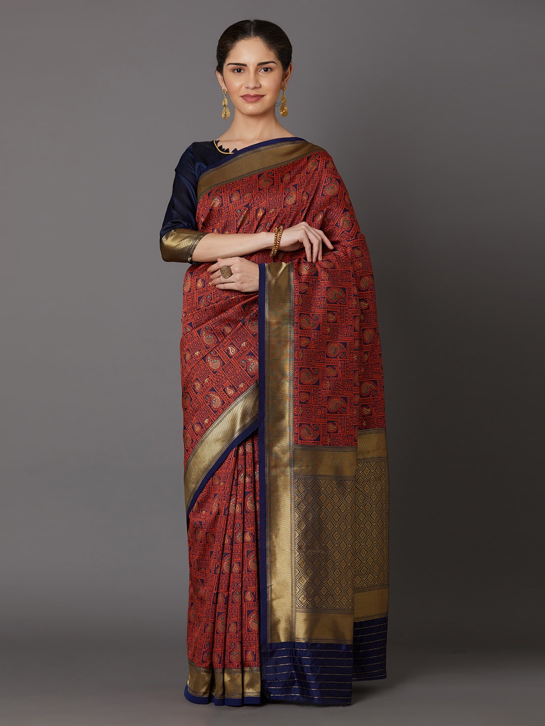 Mitera Maroon & Navy Blue Silk Blend Woven Design Kanjeevaram Saree