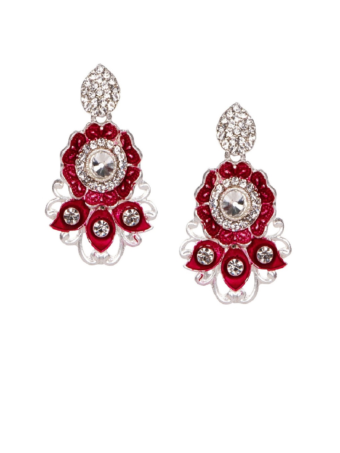

ANIKAS CREATION Maroon & Silver-Plated Handcrafted Floral Drop Earrings