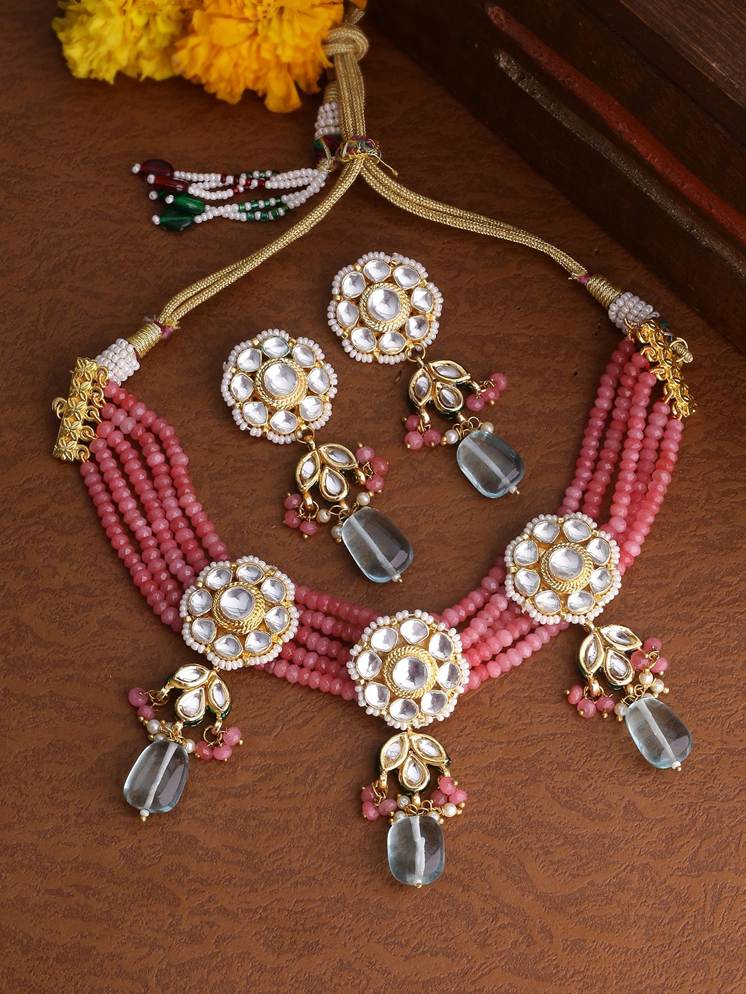 

Shoshaa Gold-Plated Peach Coloured & White Beaded Kundan Jewellery Set, Pink