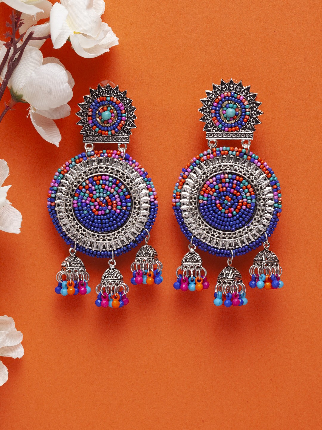 

Moedbuille Brass Plated Blue & Pink Handcrafted Filigree Circular Drop Earrings