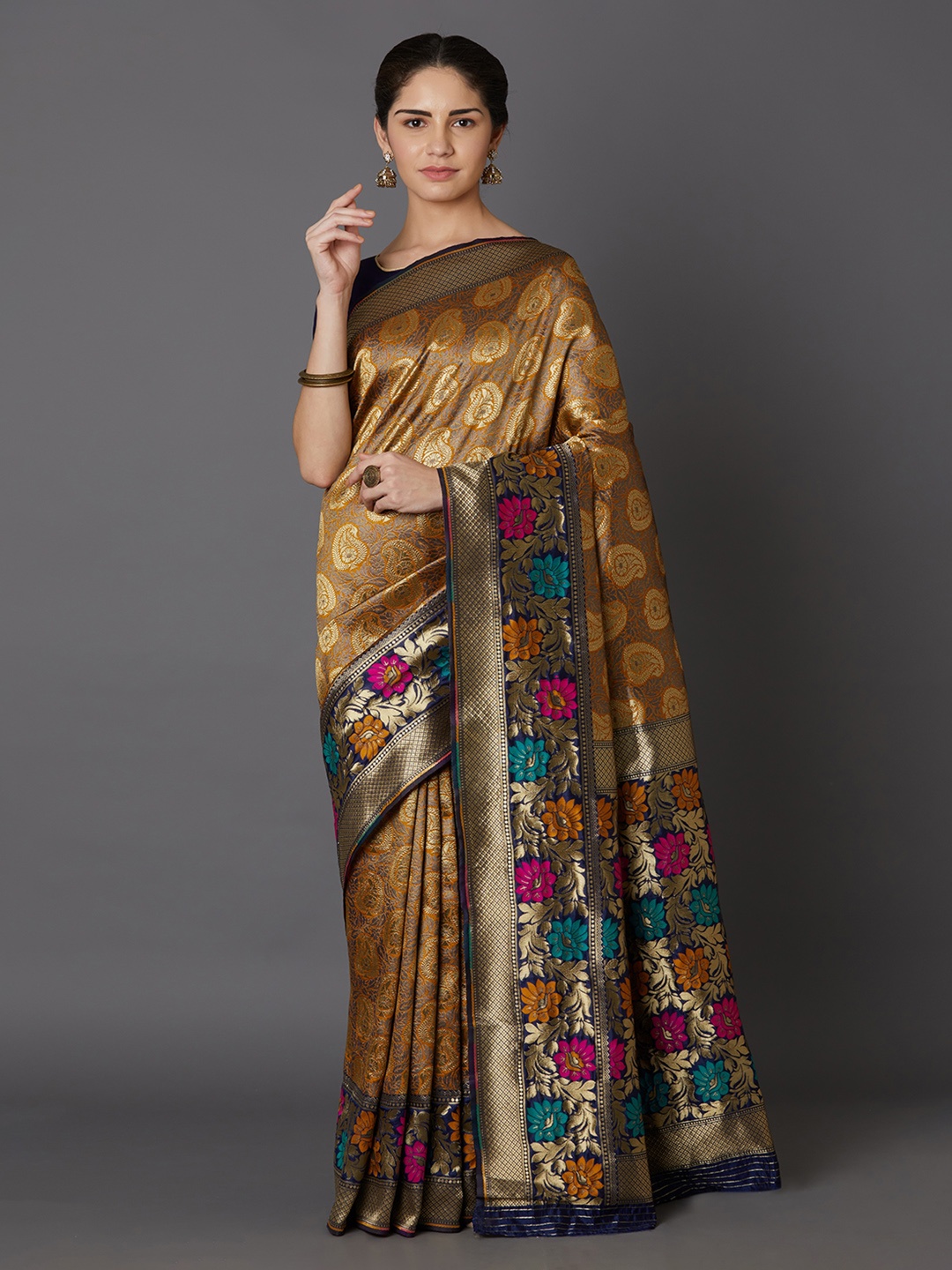 

Mitera Mustard Yellow & Navy Blue Silk Blend Woven Design Kanjeevaram Saree
