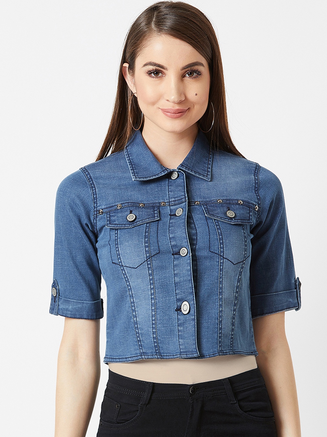 

Miss Chase Women Navy Blue Solid Denim Jacket