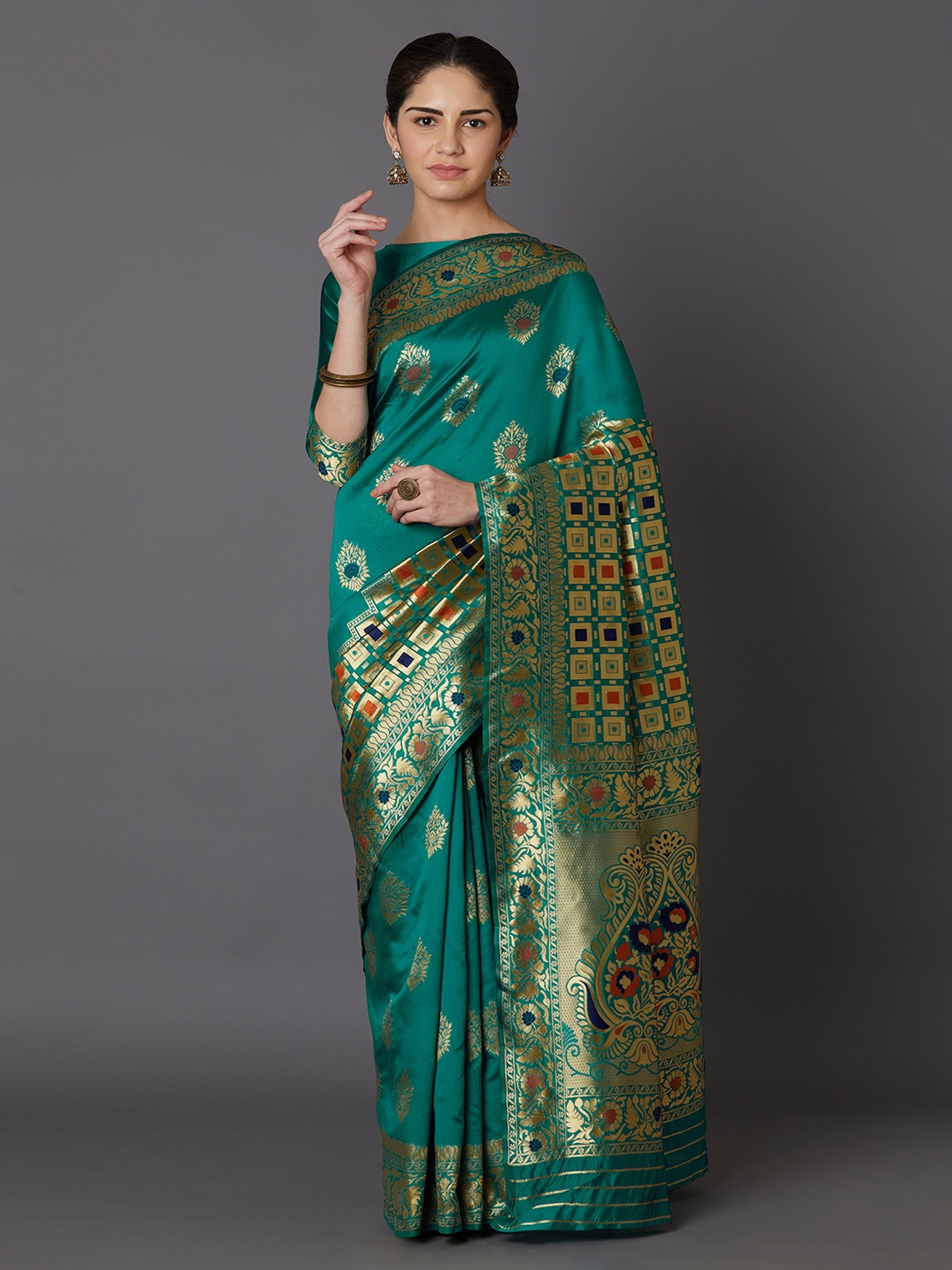 Mitera Teal Green Silk Blend Woven Design Kanjeevaram Saree