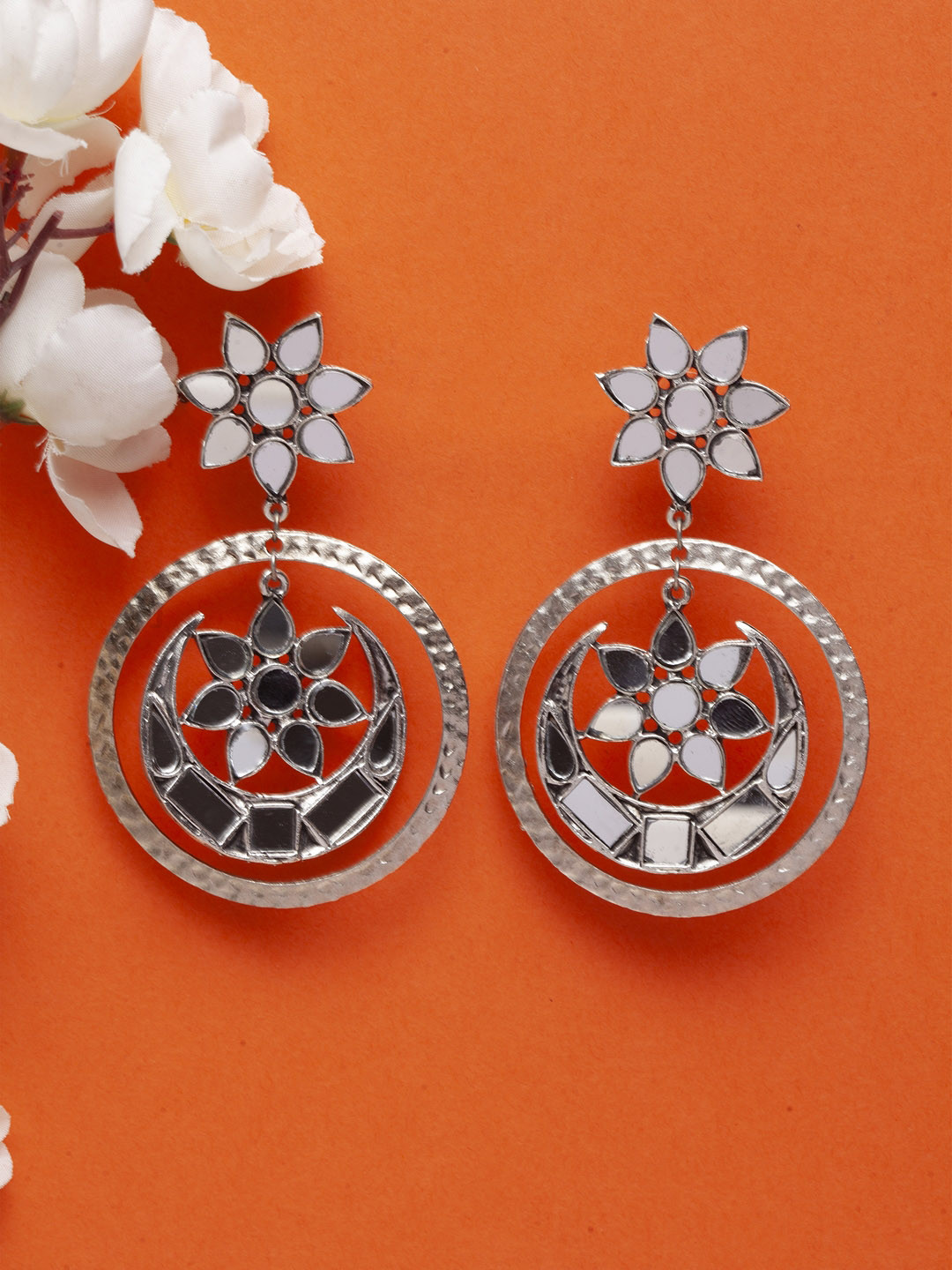 

Moedbuille Silver-Toned Floral Hand Cut Mirror Oxidised Drop Earrings