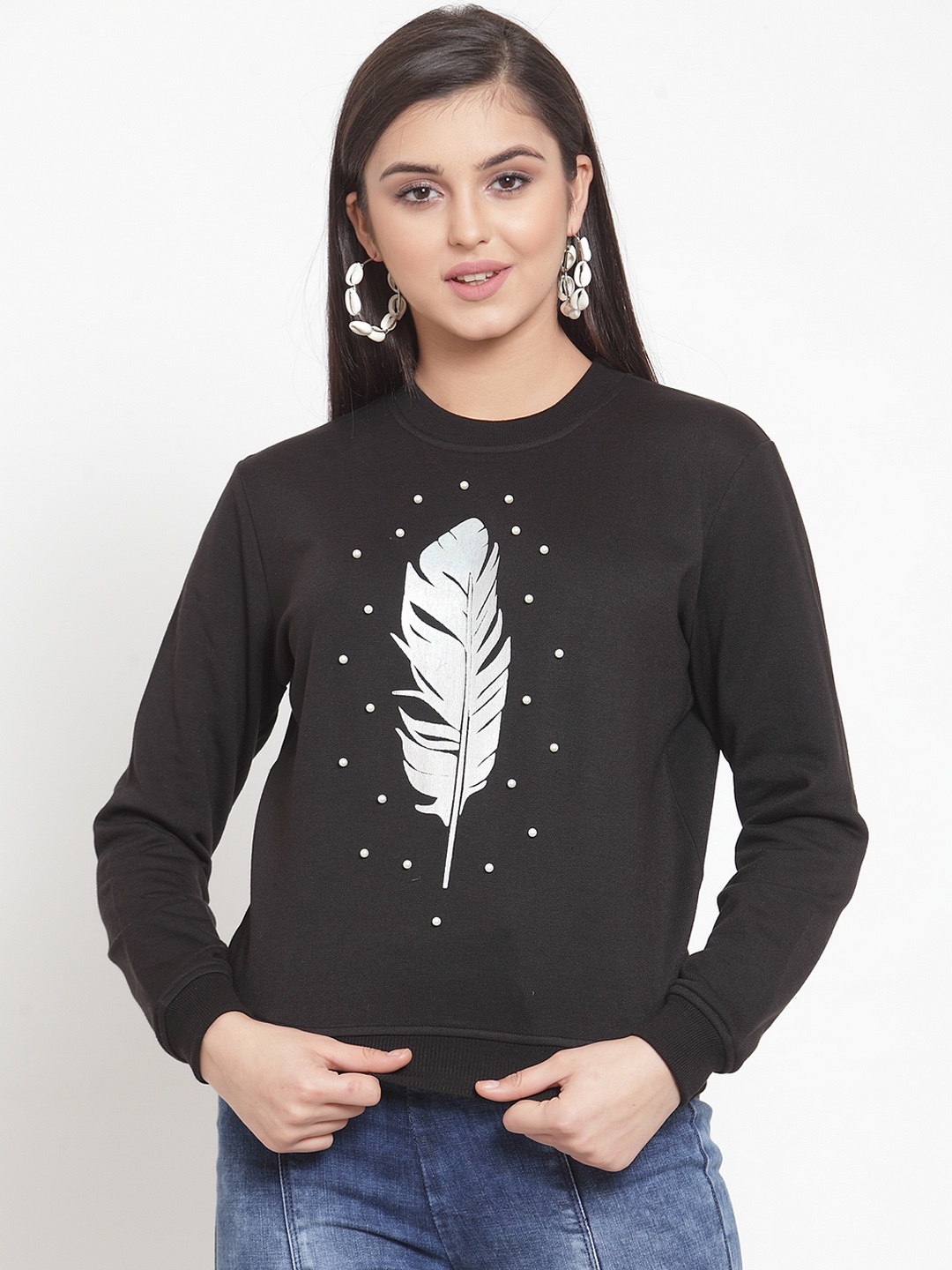 

KASSUALLY Women Black & Off-White Printed Sweatshirt