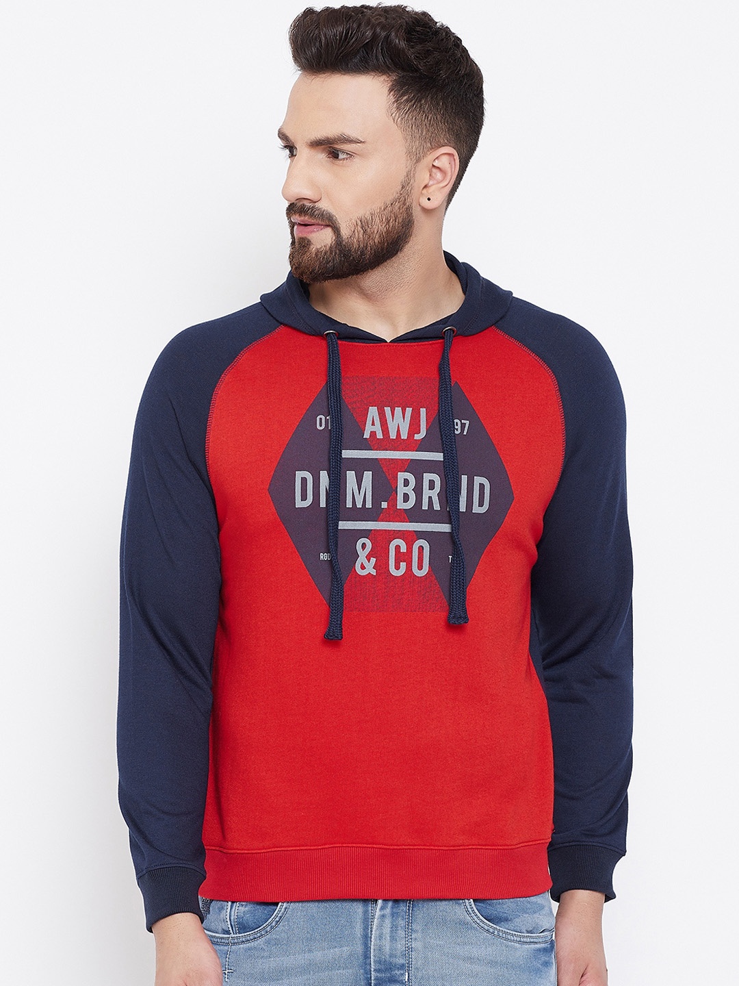 

Austin wood Men Red & Navy Blue Printed Hooded Sweatshirt