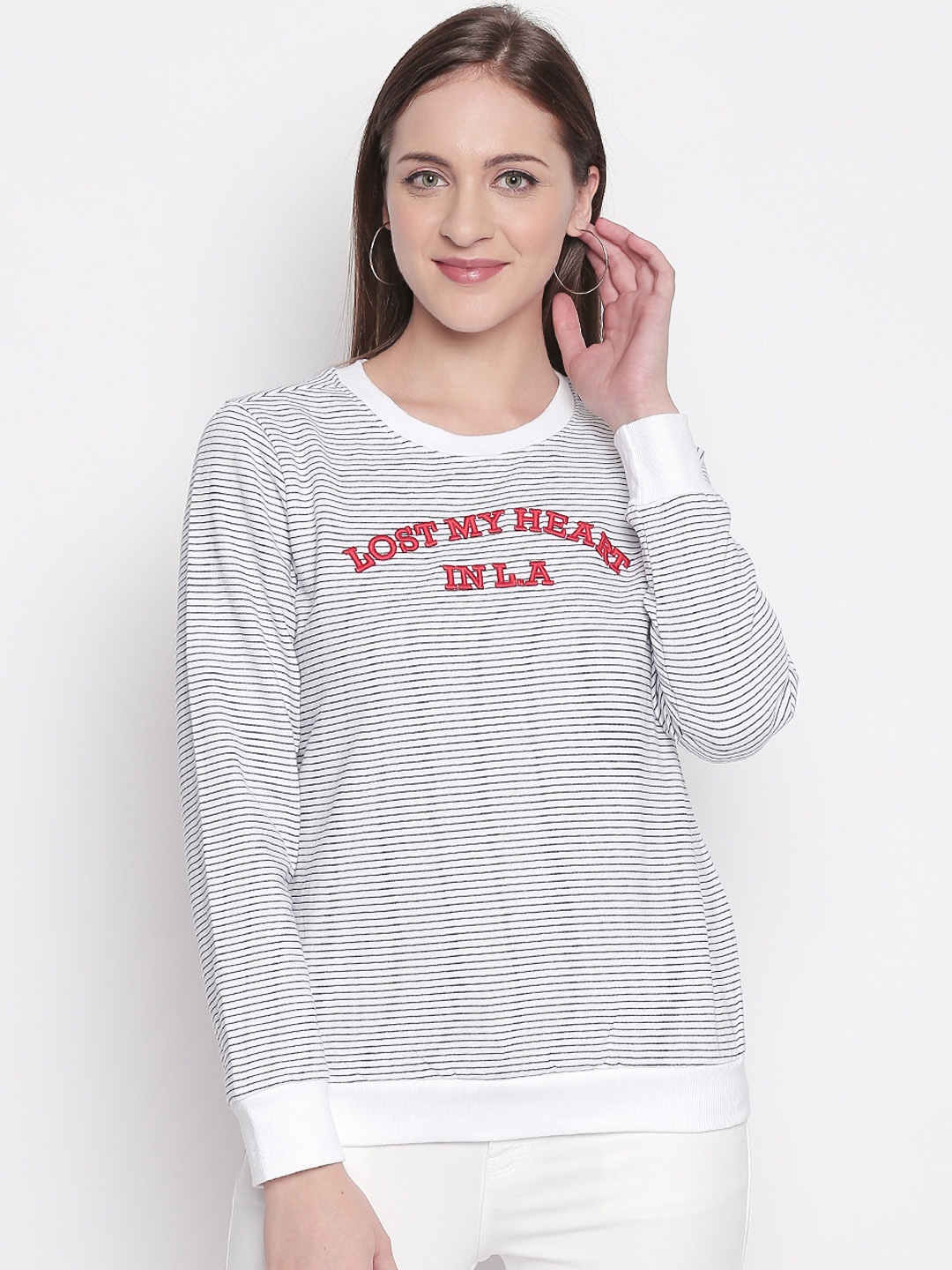 

Honey by Pantaloons Women White & Navy Blue Striped Sweatshirt