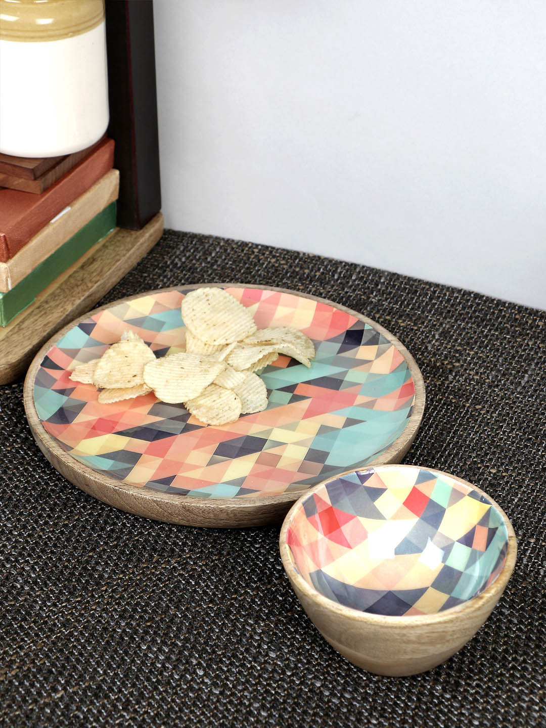 

VarEesha Multicoloured Wood Round Serving Plate with Bowl, Multi