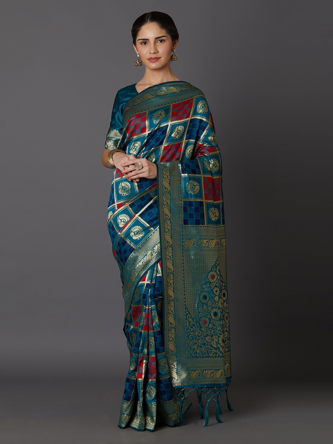 Mitera Teal Green & Gold-Toned Silk Blend Woven Design Kanjeevaram Saree