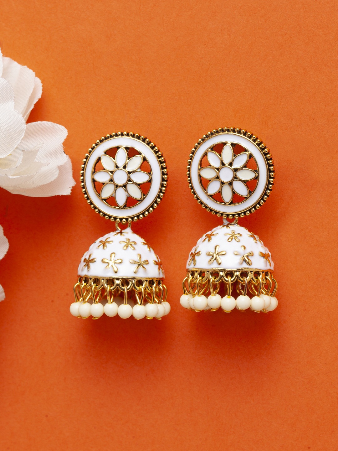 

Moedbuille White & Gold-Toned Dome Shaped Handcrafted Meenakari Jhumkas
