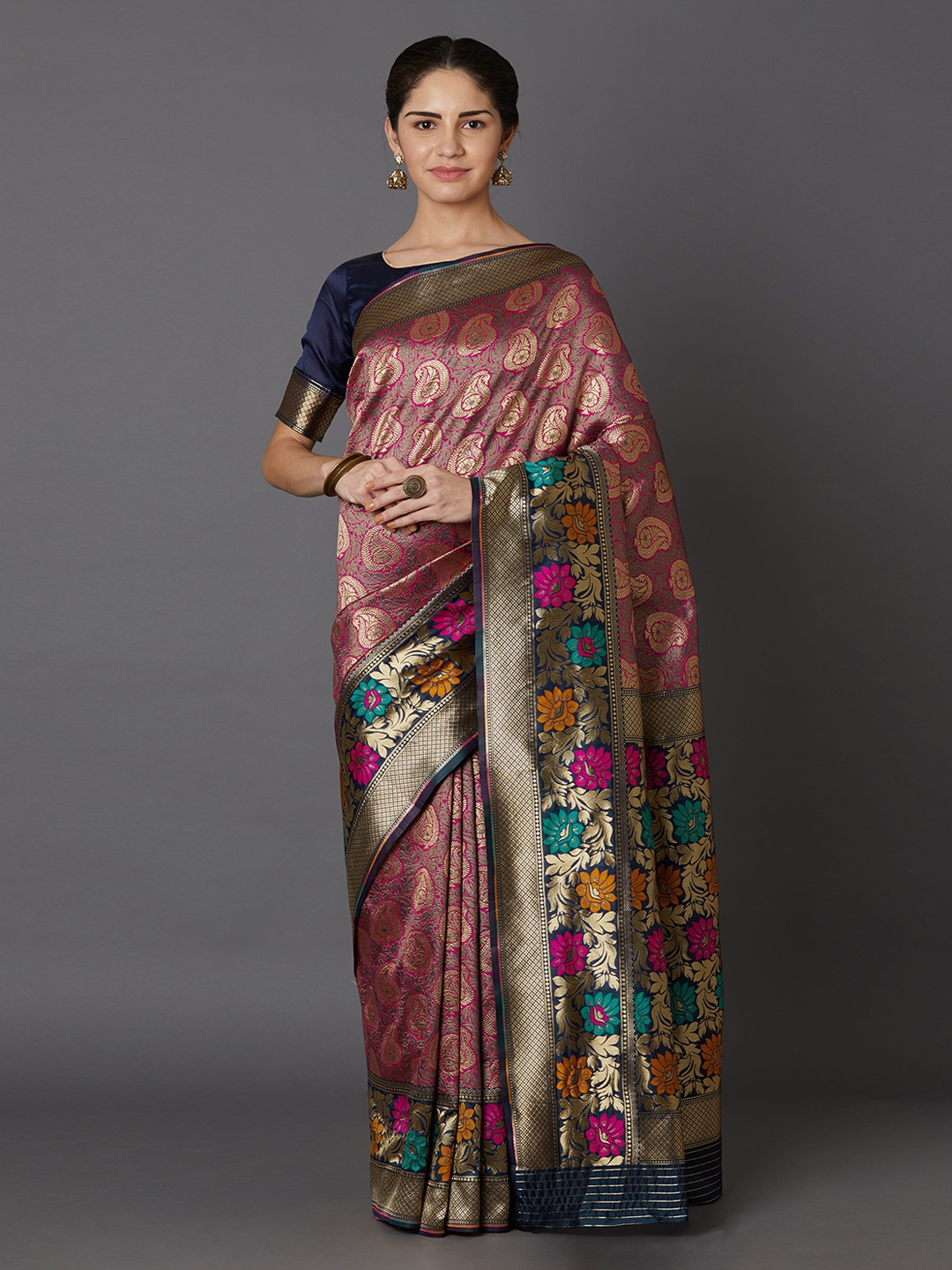 

Mitera Pink & Gold-Toned Silk Blend Woven Design Kanjeevaram Saree
