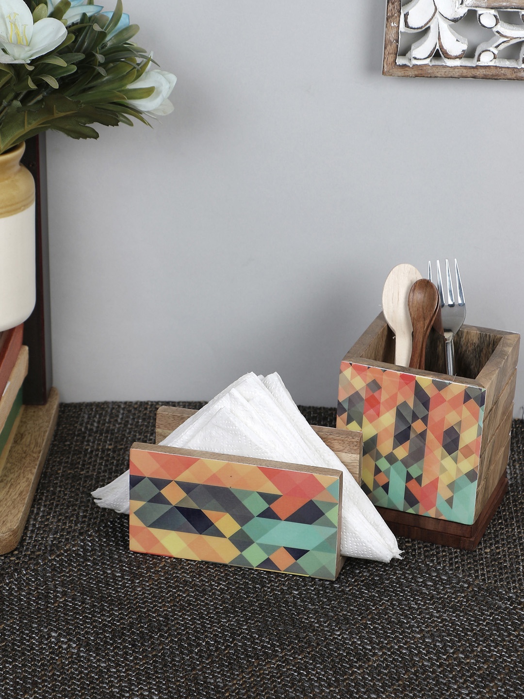

VarEesha Multicoloured Hand Painted Mango Wood Tissue & Cutlery Holder Set, Multi