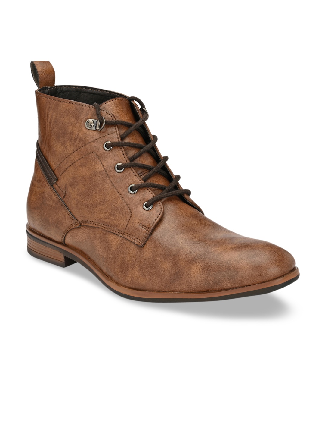 

SHENCES Men Tan Brown Solid Synthetic Leather Mid-Top Flat Boots