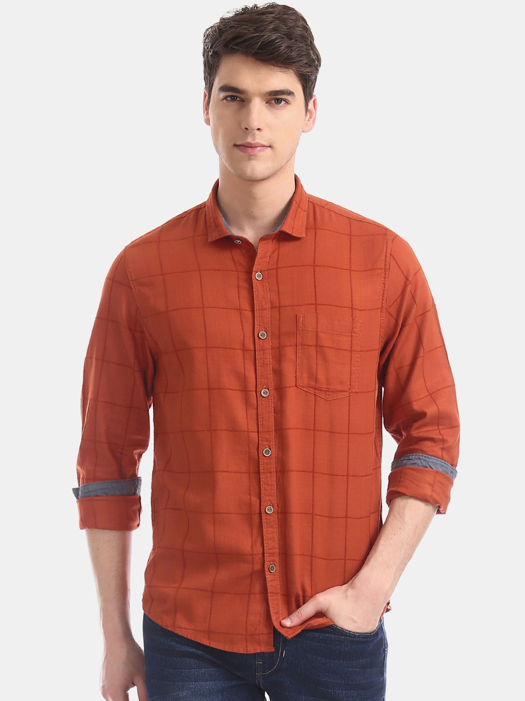 

Cherokee Men Orange Regular Fit Checked Casual Shirt