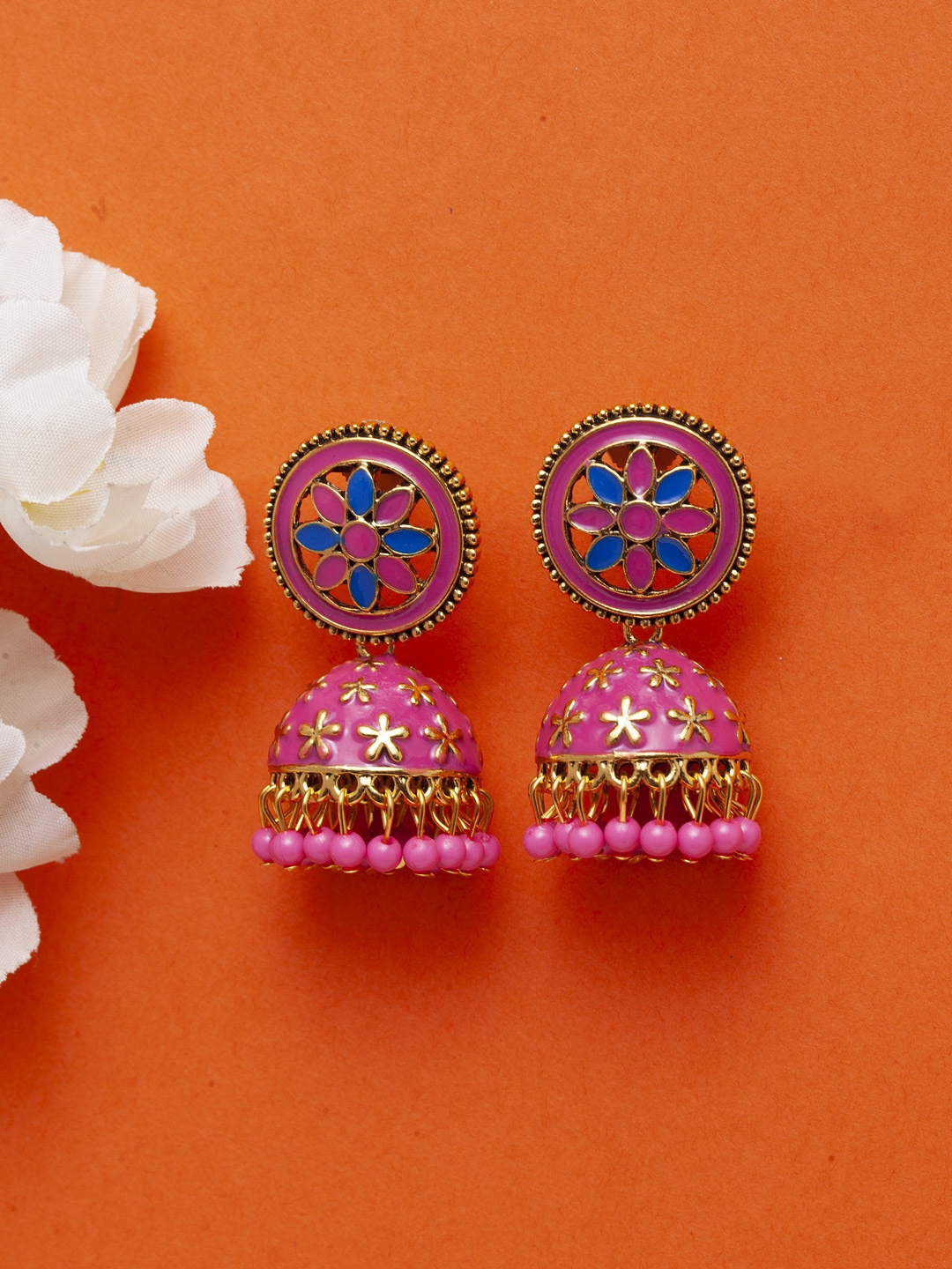 

Moedbuille Brass-Plated Gold-Toned & Pink Dome Shaped Handcrafted Jhumkas