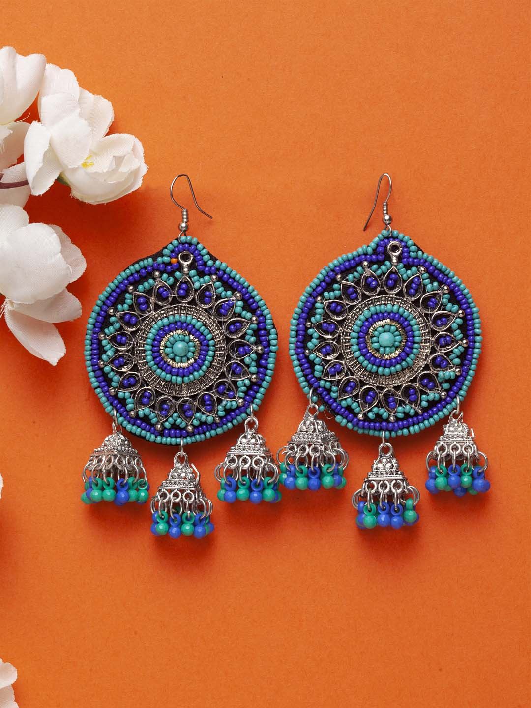 

Moedbuille Brass-Plated Silver-Toned & Blue Circular Drop Earrings