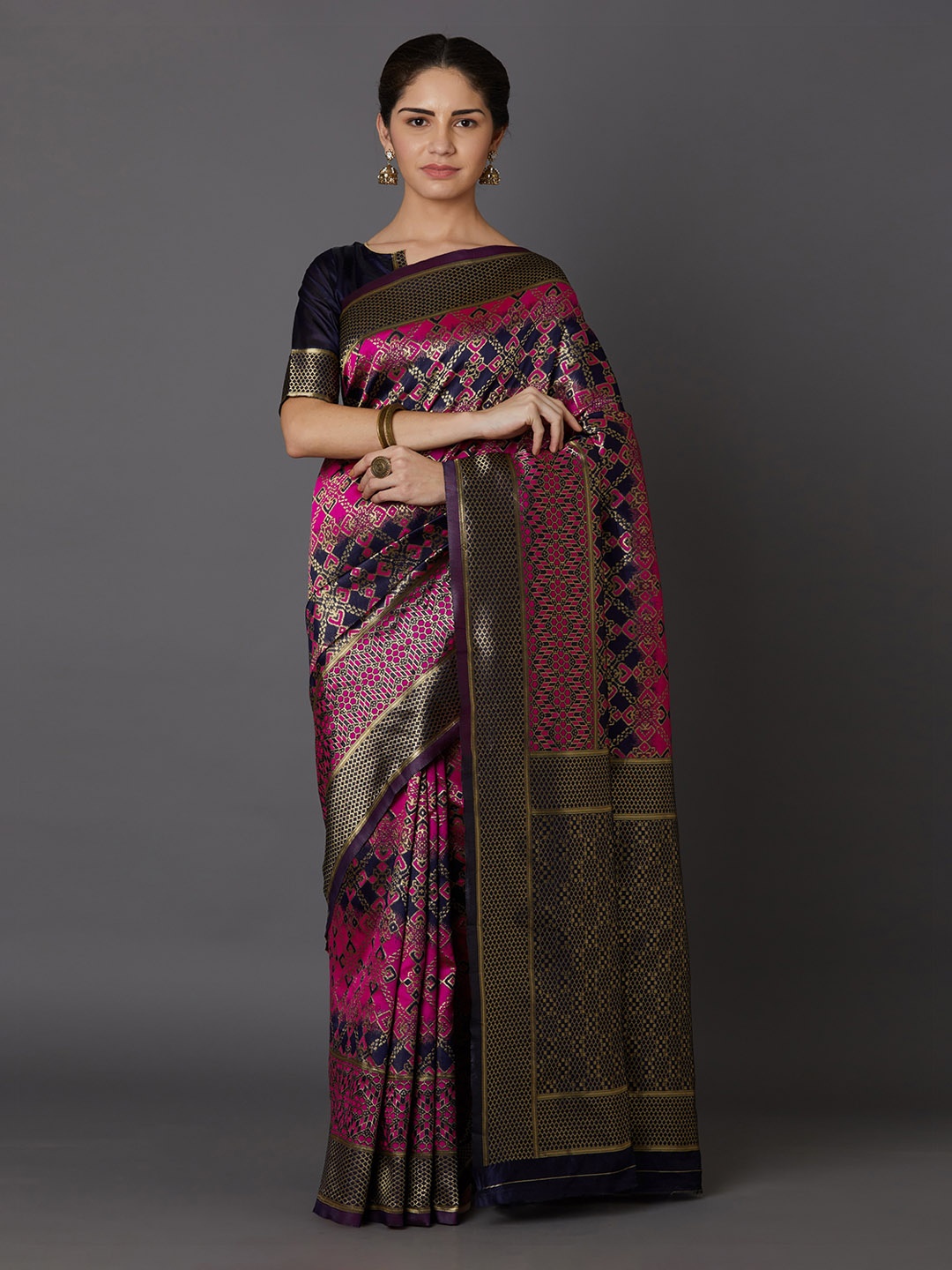 Mitera Pink & Navy Blue Silk Blend Woven Design Kanjeevaram Saree